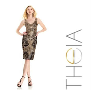 Theia Cocktail Midi Dress Sleeveless Beaded Sequins Flapper Black Gold Size 6